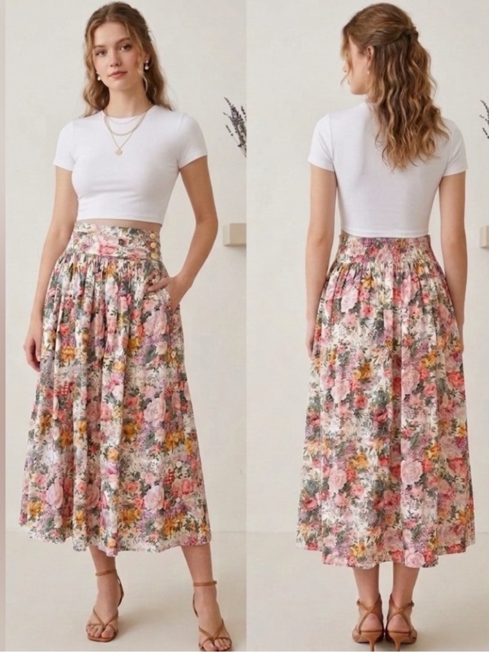 VTG 80s Cottagecore Floral High Waist Midi Skirt w/ Pockets Smocked Back XS